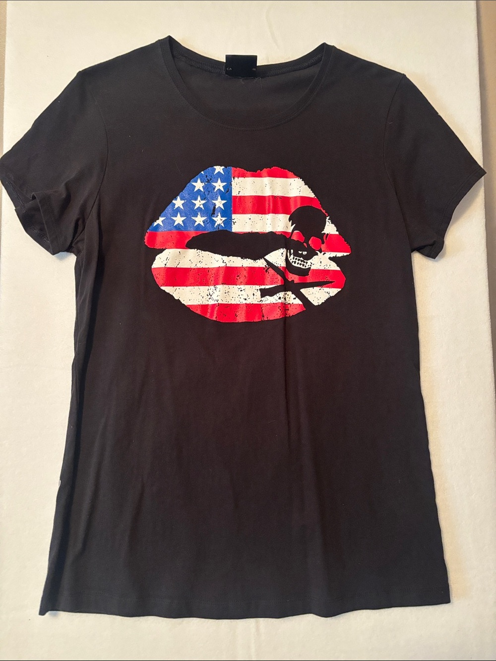 Cartel Ink Black Graphic Tee with American Flag Skull Lips
